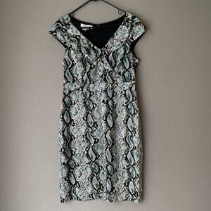 Kay Unger sz 12 snake print silk green faux wrap sheath dress‎